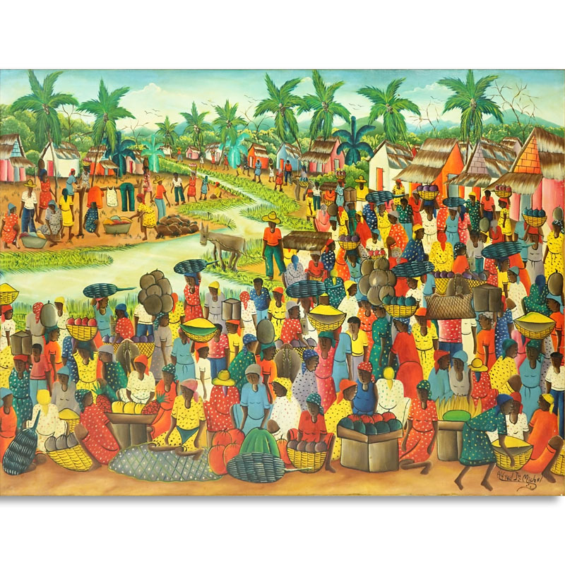 Alfred J. Michel, Haitian (20th C.) Oil on Canvas "Marketplace Scene" 