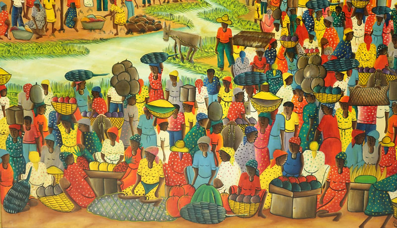 Alfred J. Michel, Haitian (20th C.) Oil on Canvas "Marketplace Scene" 