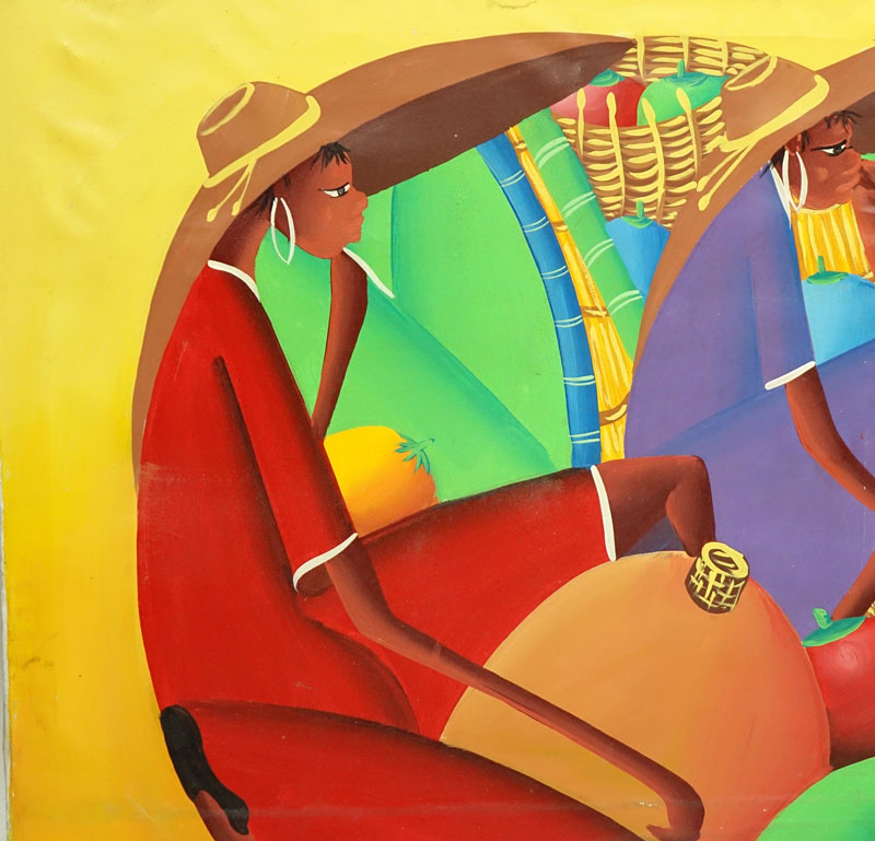 Marc Bazile, Haitian (20th C.) Oil on Canvas "Merchants" 