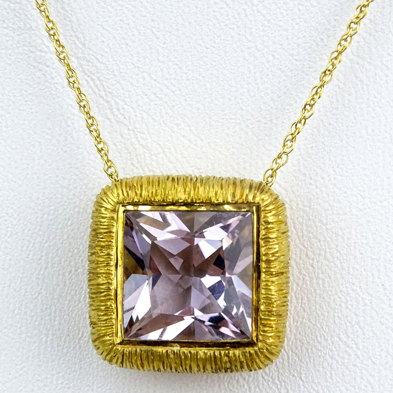 Vintage Square Cut Morganite and 18 Karat Yellow Gold Pendant Necklace.