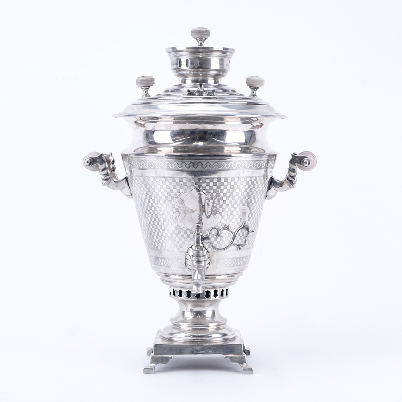 Impressive Large Antique Russian 84 Silver Samovar. Stamped with Pavel Akimov Ovchinnikov makers mark and 84 silver standard mark lower.