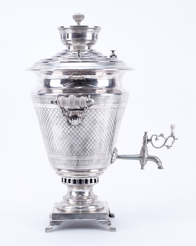 Impressive Large Antique Russian 84 Silver Samovar. Stamped with Pavel Akimov Ovchinnikov makers mark and 84 silver standard mark lower.