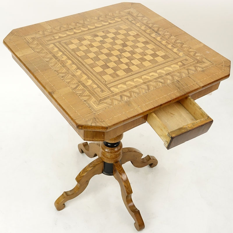 Vintage Inlaid Wood Game Table. Unsigned. Wear and rubbing, age splits. 