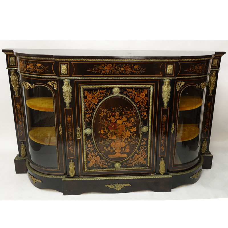 Early 20th Century French Napoleon III style Gilt Bronze Mounted Marquetry Inlaid Demi Lune Credenza.