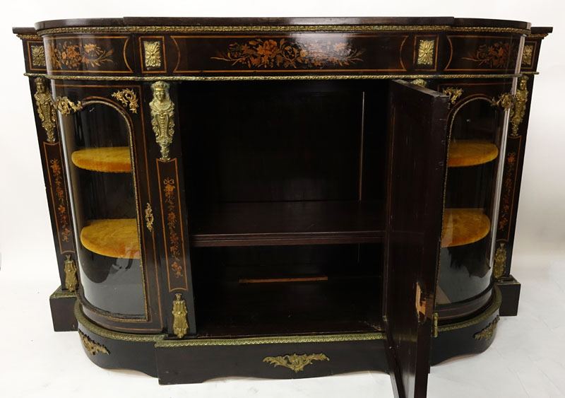 Early 20th Century French Napoleon III style Gilt Bronze Mounted Marquetry Inlaid Demi Lune Credenza.