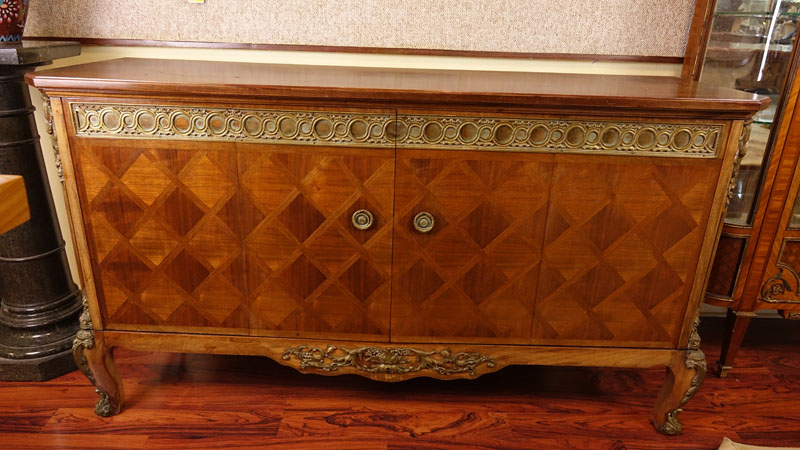 Mid Century Carved and Inlaid Console Table with Brass Fittings.