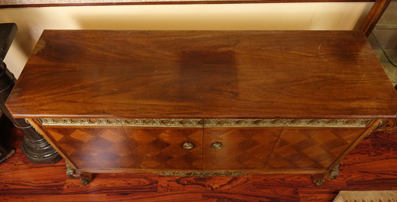 Mid Century Carved and Inlaid Console Table with Brass Fittings.