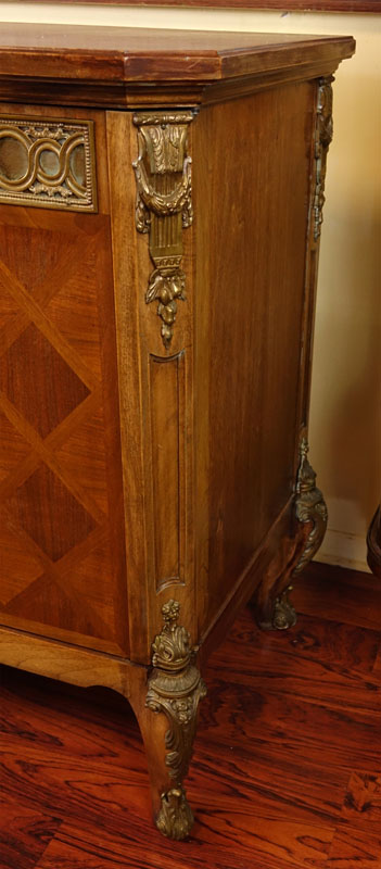 Mid Century Carved and Inlaid Console Table with Brass Fittings.