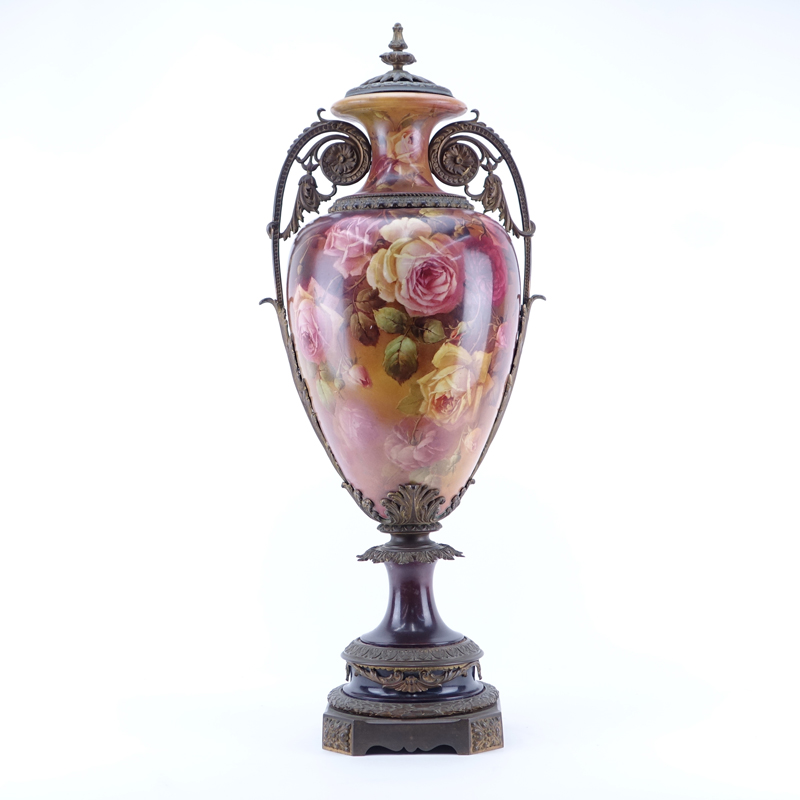 Large Victorian Hand Painted Metal Mounted Porcelain Urn.