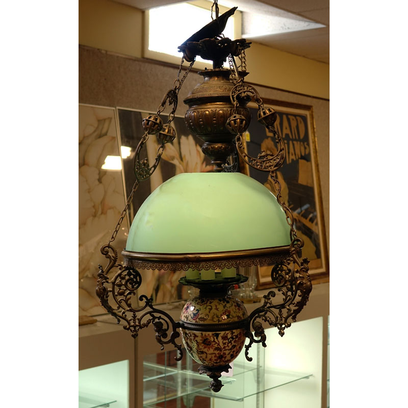 Victorian Spelter, Porcelain and Glass Chandelier. 