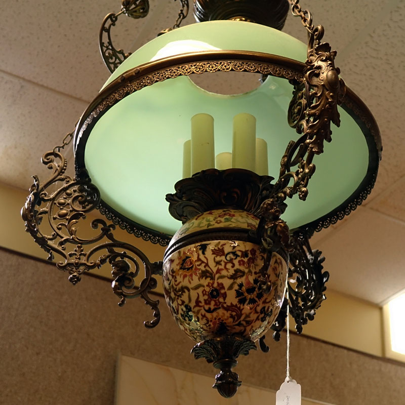 Victorian Spelter, Porcelain and Glass Chandelier. 