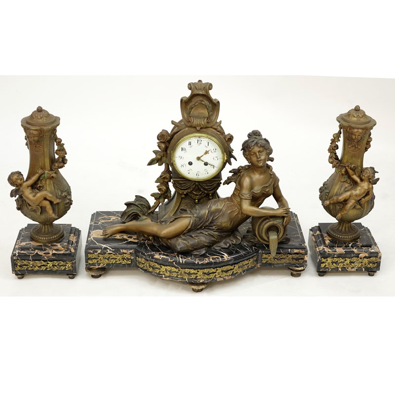 L & F Moreau Art Nouveau French Metal and Marble Clock Garniture.