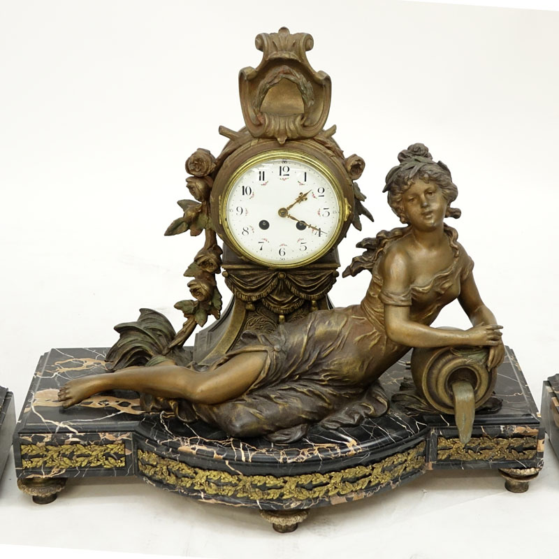 L & F Moreau Art Nouveau French Metal and Marble Clock Garniture.