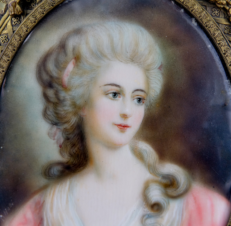 Antique Miniature Portrait of a Duchess in Gilt Brass Frame. Signed K. Halle.