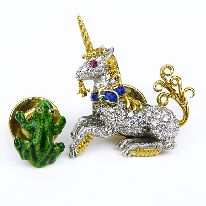 Vintage Tiffany & Co Diamond, Platinum, Enamel, Ruby and 18 Karat Yellow Gold Unicorn Tie Pin together with Vintage Tiffany & Co Enamel and 14 Karat Yellow Gold Frog Tie Pin. 