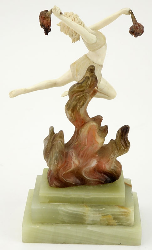 After: Johann Philipp Ferdinand Preiss, German (1882 - 1943) "Flame Leaper" Ivory and Resin Figurine on Onyx Base.