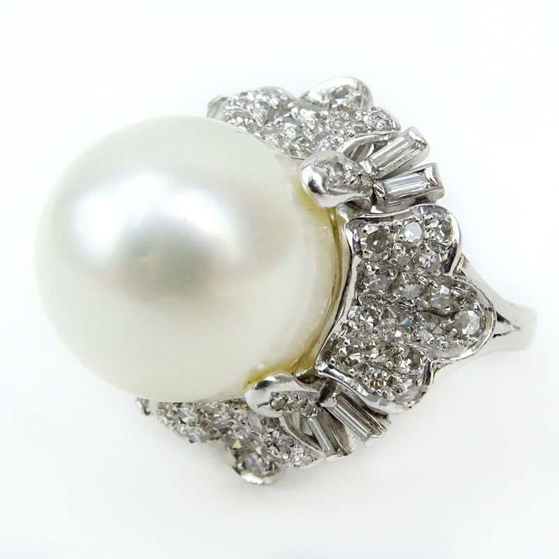 Vintage 14mm South Sea Pearl, Diamond and 18 Karat White Gold Ring Possibly Moussaieff Jewelry, London.