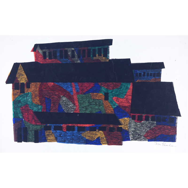 Ben Shahn, American (1898-1969) Screenprint with handcoloring on Arnold paper "Mine Building". 