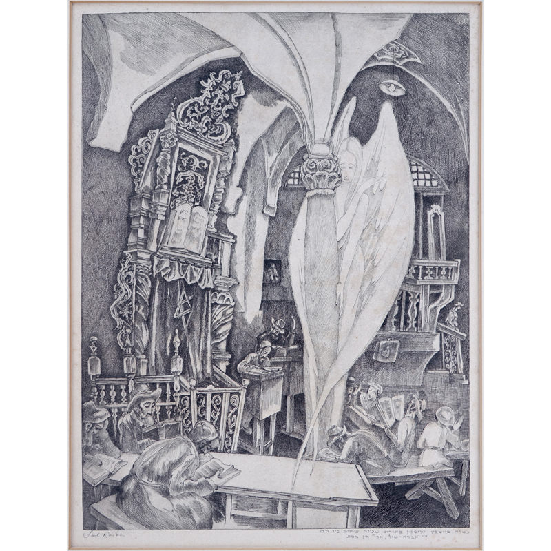 Saul Raskin, American (1878-1966) Etching "Studying Rabbis and Angel". 