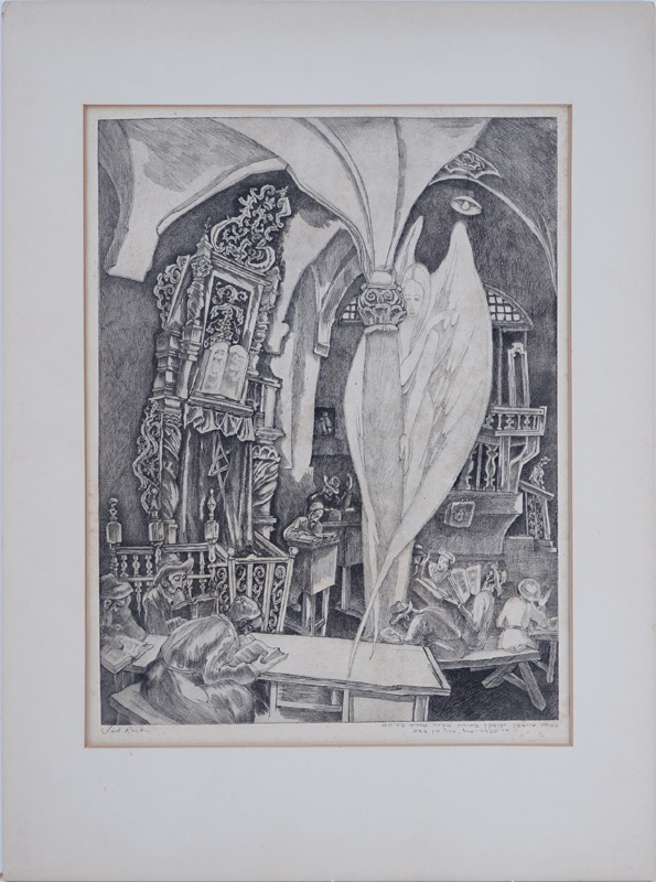 Saul Raskin, American (1878-1966) Etching "Studying Rabbis and Angel". 