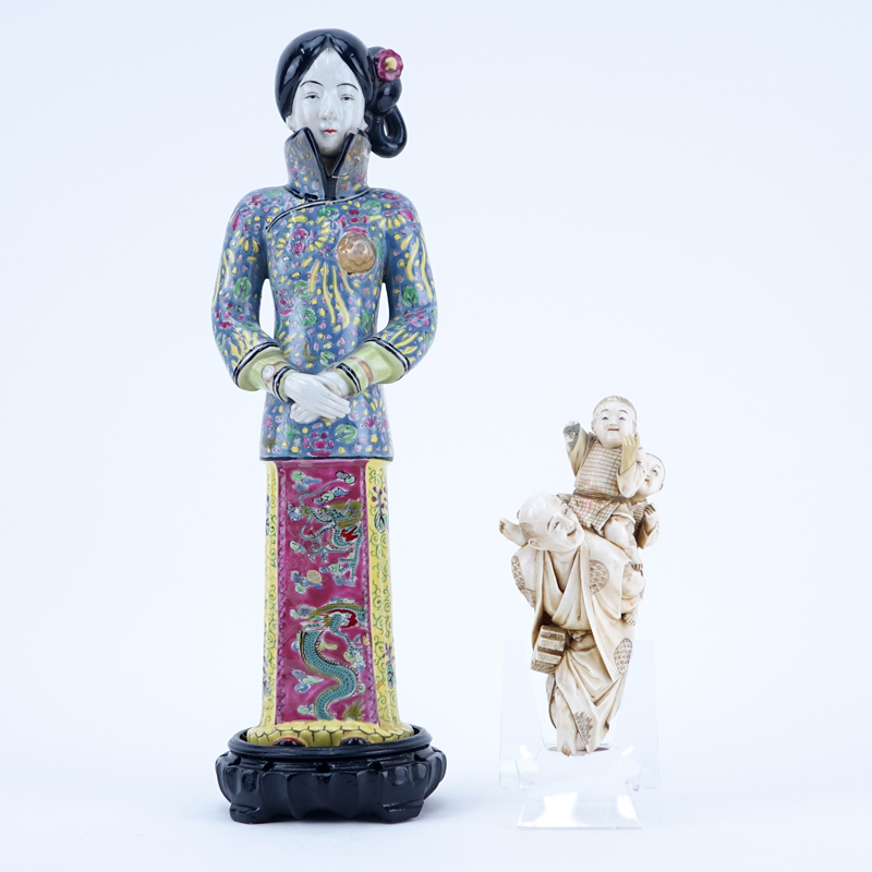 Chinese Famille Rose Porcelain Female Figure along with Japanese Polychrome Ivory Grouping.