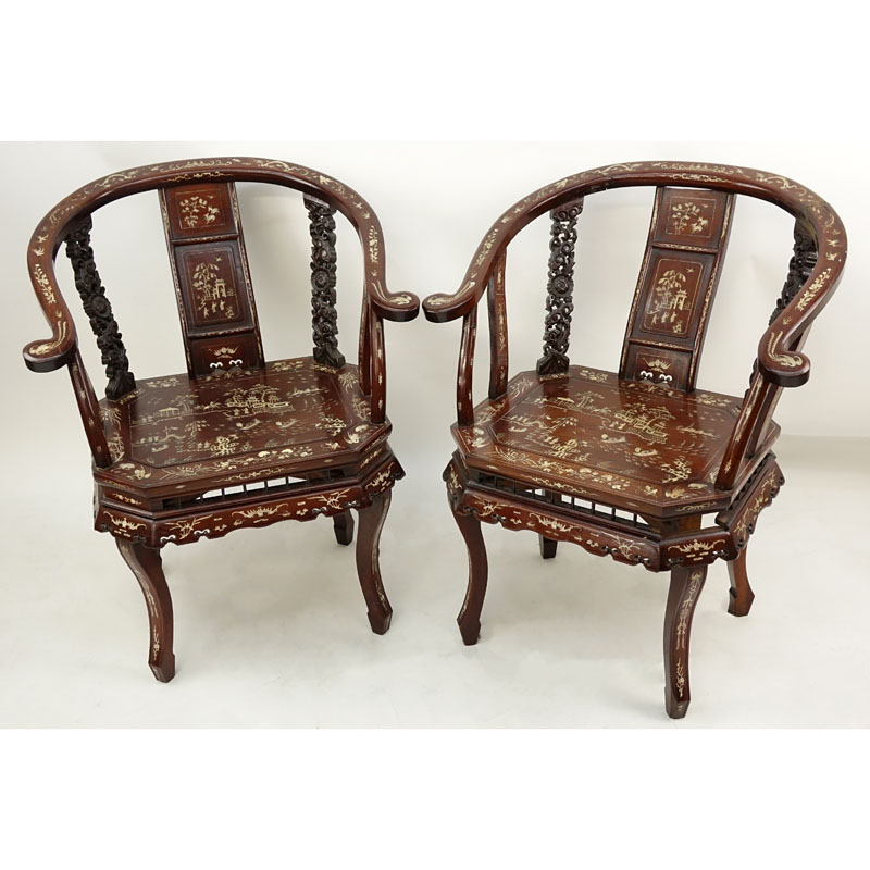 Pair of Chinese Carved Hardwood and Bone Inlay Horseshoe Armchairs.