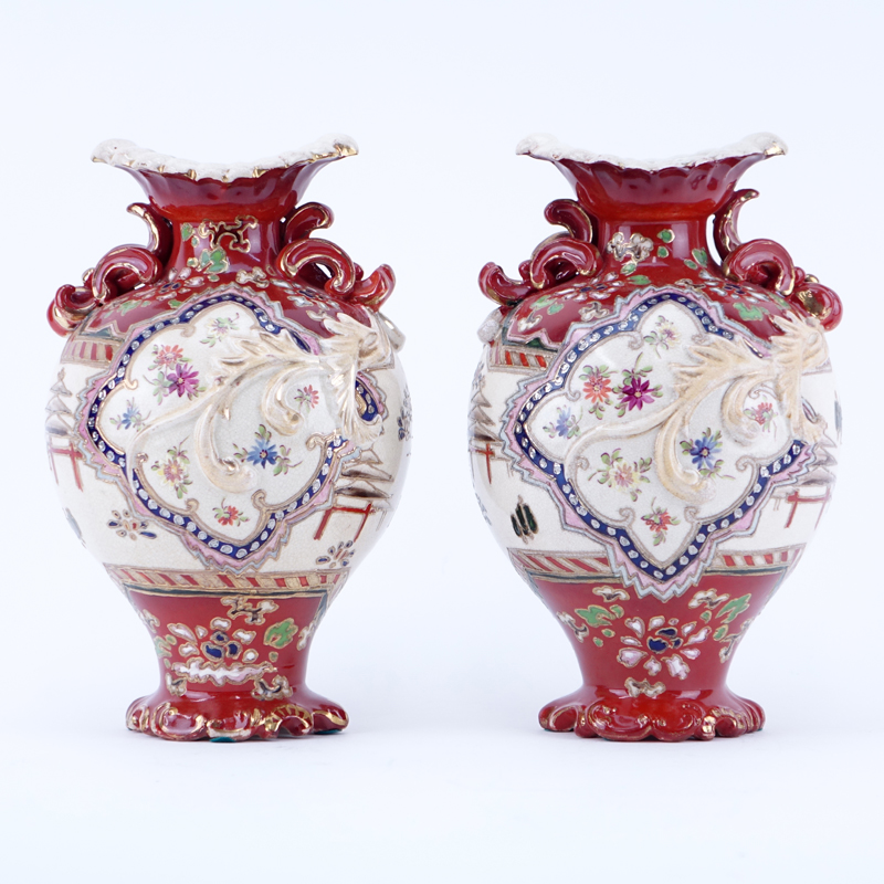 Pair of Japanese Nippon Hand Painted Raised Relief Pottery Vases.