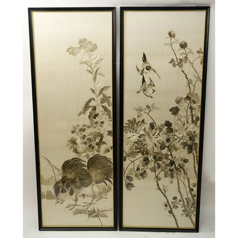 Pair Vintage Japanese Embroidery On Silk Panels.
