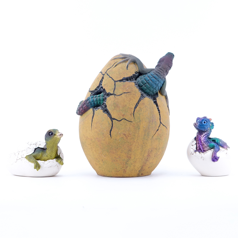 Two (2) Windstone Edition Hatching Dragon Egg Sculptures and a Large Hatching Alligator Sculpture (unsigned).