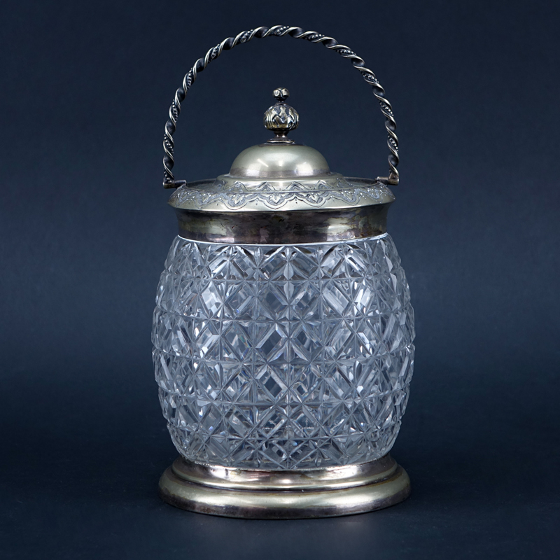 Antique Cut Crystal and Silver Plate Covered Tobacco Jar with Handle.