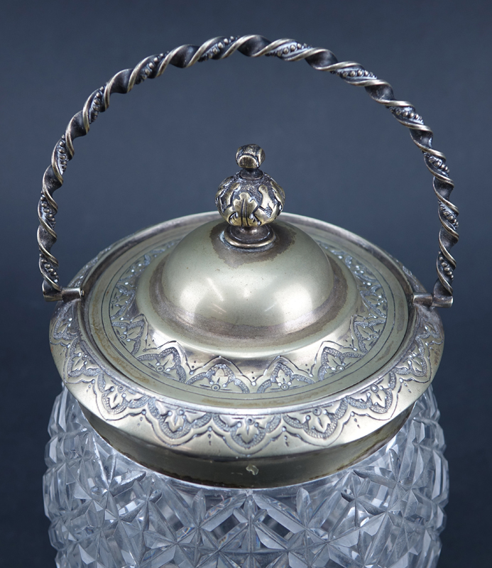 Antique Cut Crystal and Silver Plate Covered Tobacco Jar with Handle.