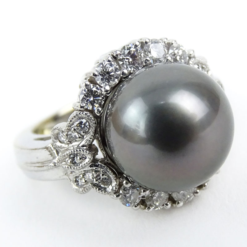 South Sea Black Pearl, Diamond and 18 Karat White Gold Ring.