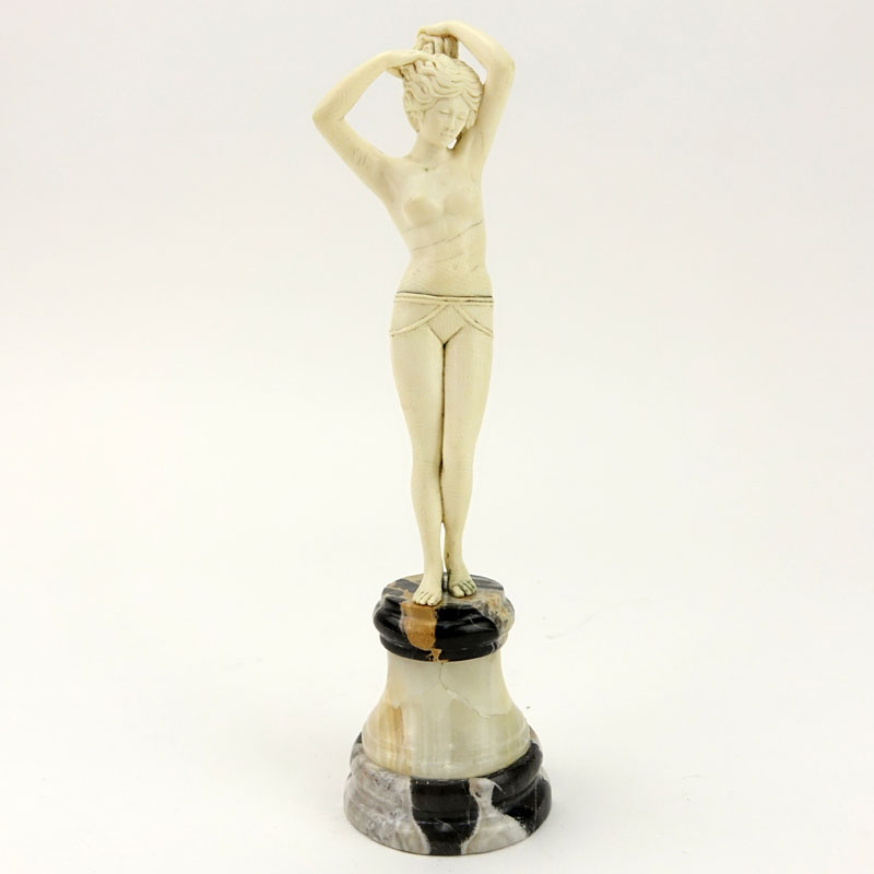 Art Deco Carved Ivory Nude Figurine on Marble and Onyx Base.