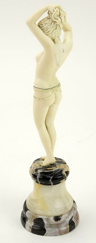 Art Deco Carved Ivory Nude Figurine on Marble and Onyx Base.