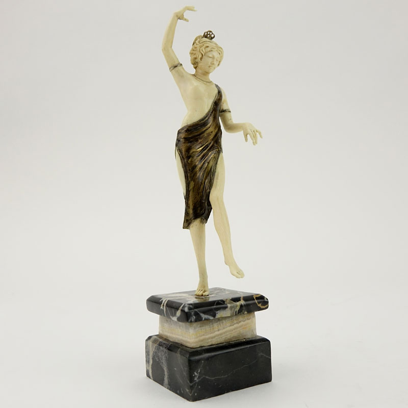 Art Deco Carved Ivory and Bronze Dancer with Tambourine on Marble and Onyx Base.