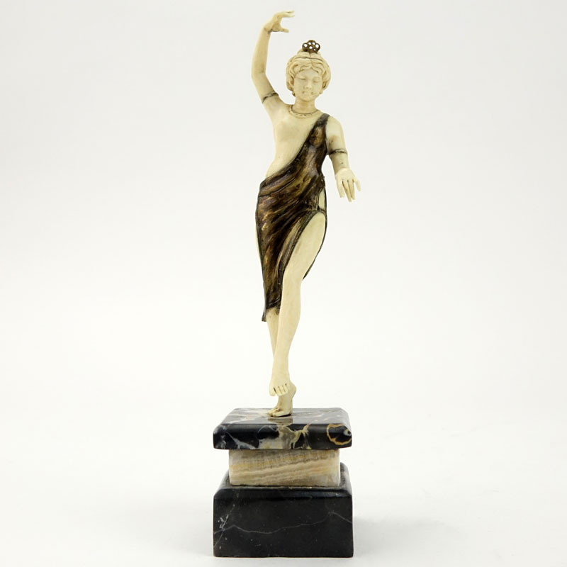 Art Deco Carved Ivory and Bronze Dancer with Tambourine on Marble and Onyx Base.