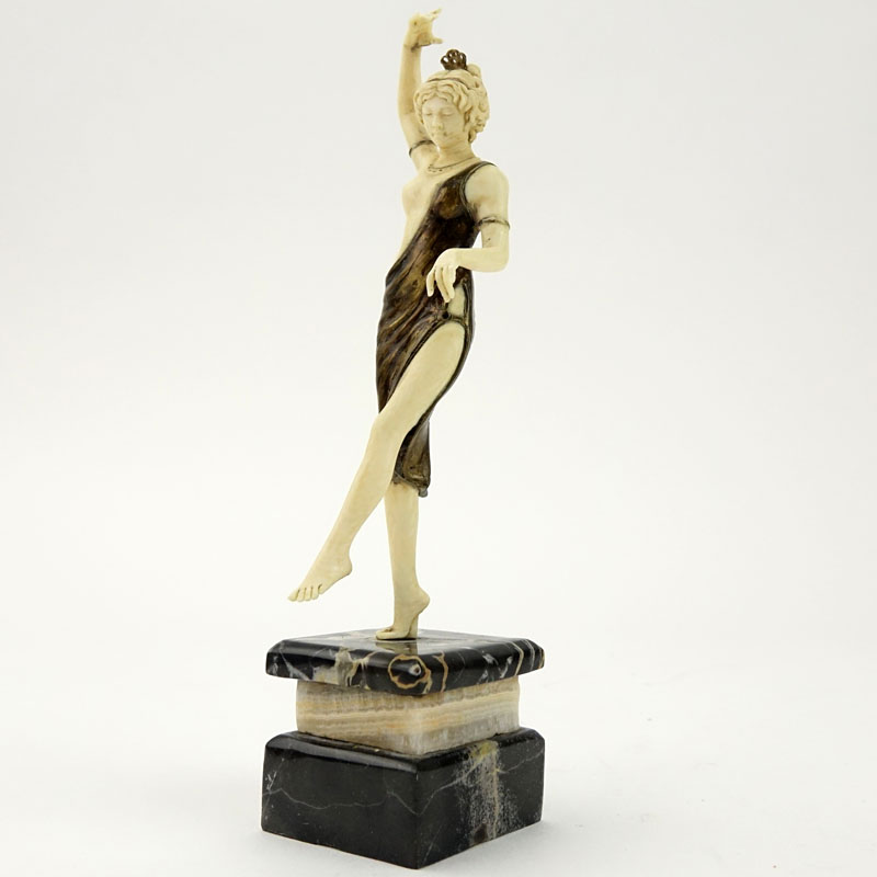 Art Deco Carved Ivory and Bronze Dancer with Tambourine on Marble and Onyx Base.