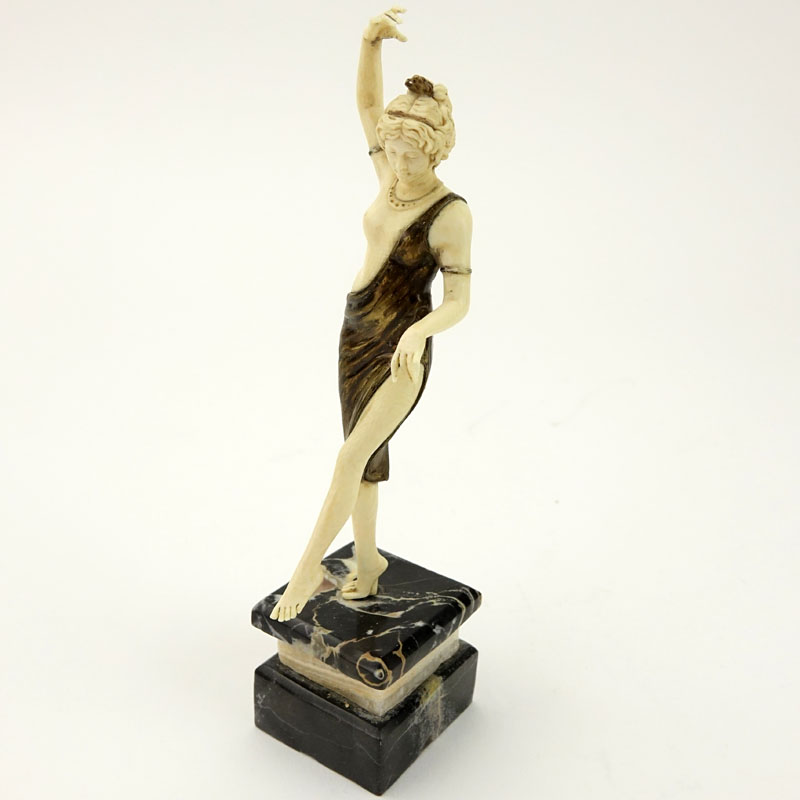 Art Deco Carved Ivory and Bronze Dancer with Tambourine on Marble and Onyx Base.