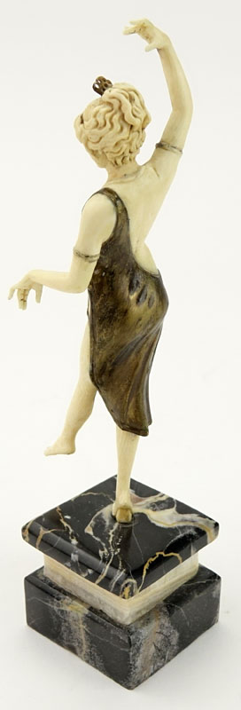 Art Deco Carved Ivory and Bronze Dancer with Tambourine on Marble and Onyx Base.