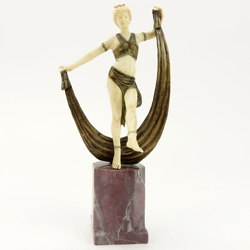 Art Deco Carved Ivory and Bronze Dancer on Marble Base.