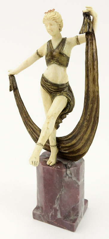 Art Deco Carved Ivory and Bronze Dancer on Marble Base.