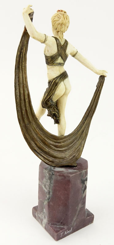 Art Deco Carved Ivory and Bronze Dancer on Marble Base.