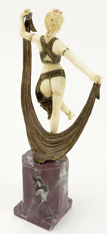 Art Deco Carved Ivory and Bronze Dancer on Marble Base.