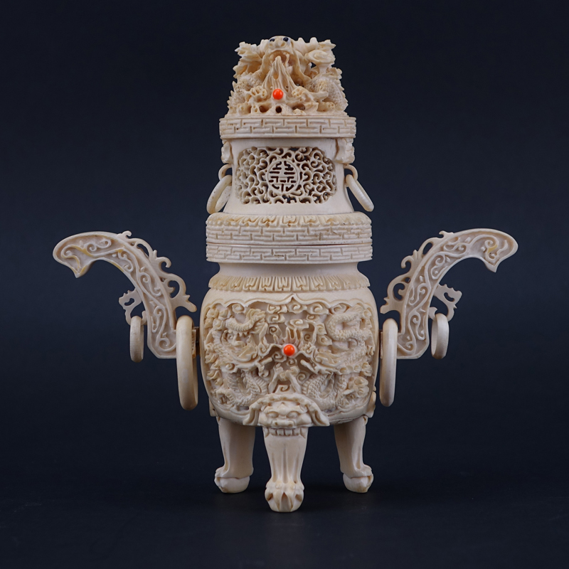 Antique Chinese Carved Ivory Beaded Incense Burner.