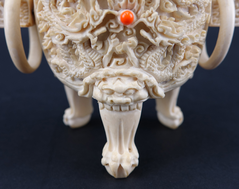 Antique Chinese Carved Ivory Beaded Incense Burner.