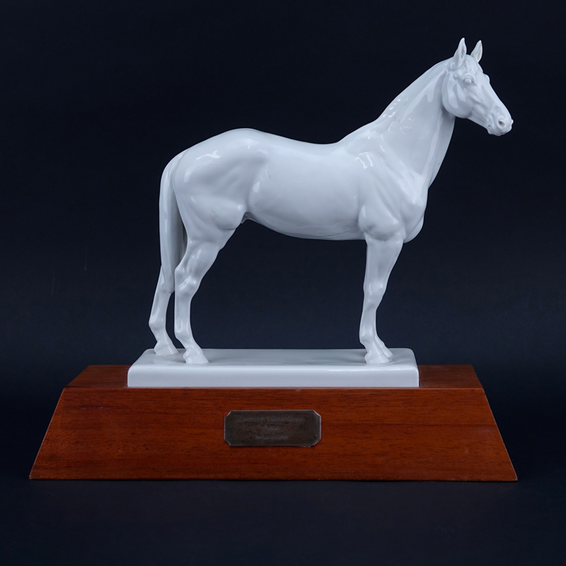 Meissen Blanc de Chine Model of a Horse Mounted on Wooden Base.