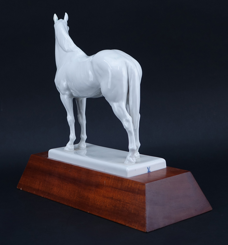 Meissen Blanc de Chine Model of a Horse Mounted on Wooden Base.