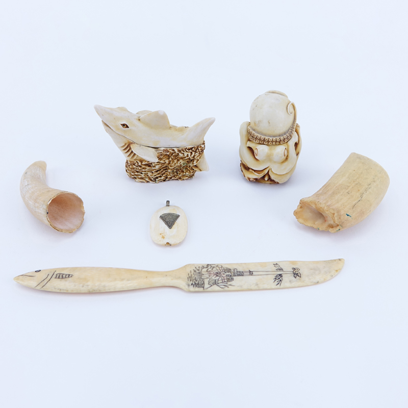 Collection of Six (6) Scrimshaw, Tooth and Bone Objects. Includes 2 figural boxes, 2 whales teeth, letter opened and pendant. 