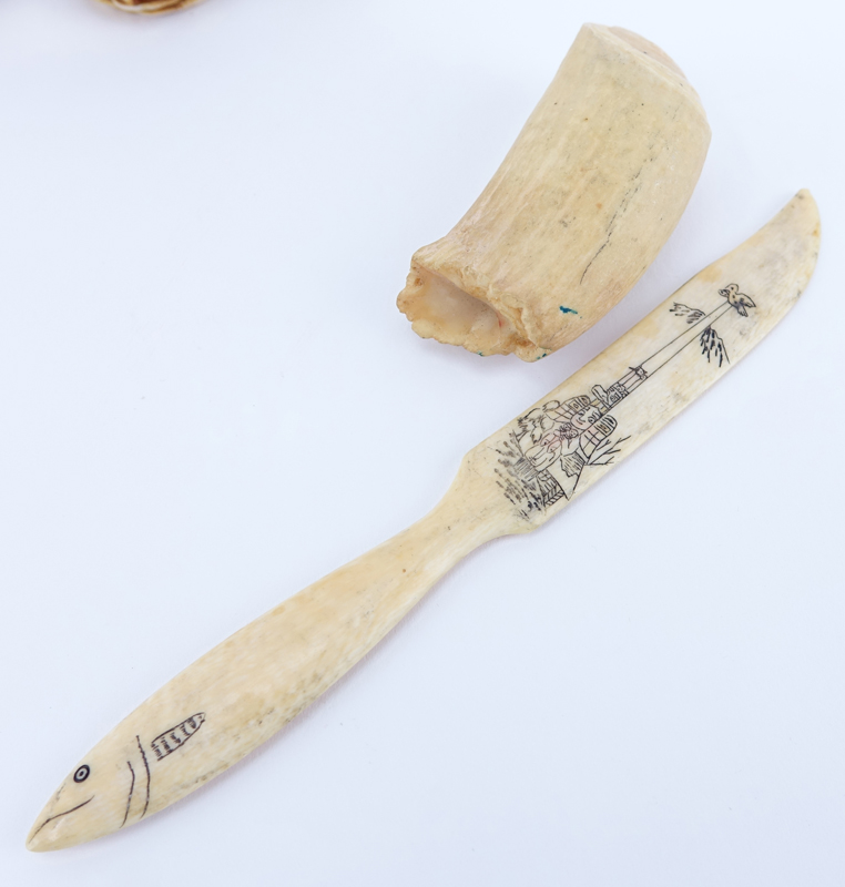 Collection of Six (6) Scrimshaw, Tooth and Bone Objects. Includes 2 figural boxes, 2 whales teeth, letter opened and pendant. 