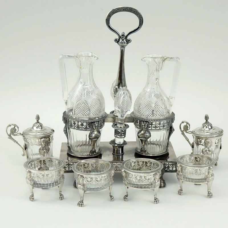 Circa 1810 French Jean-Pierre Nicolas Bibron Silver And Crystal Condiment Set.